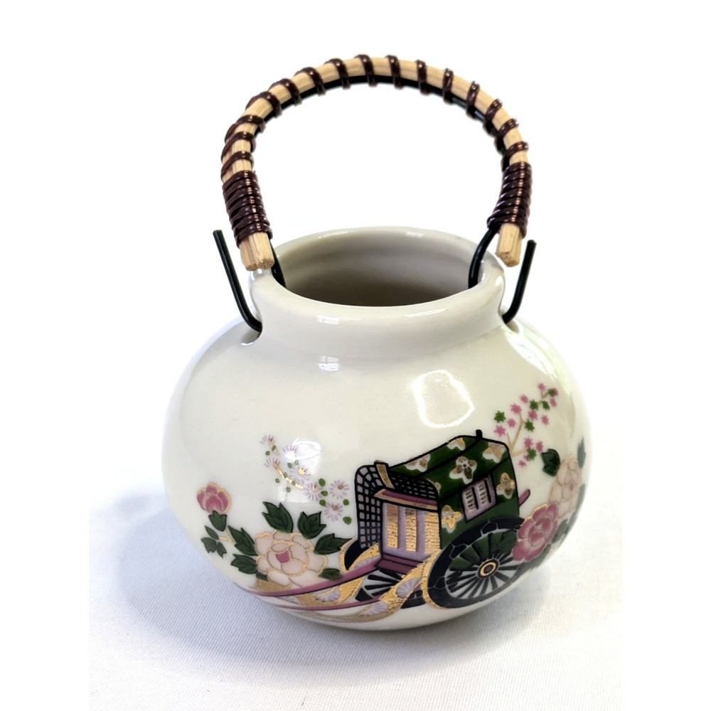 Vintage Kutani Japanese Porcelain Mini Bud Vase Floral Carriage Wire Handle